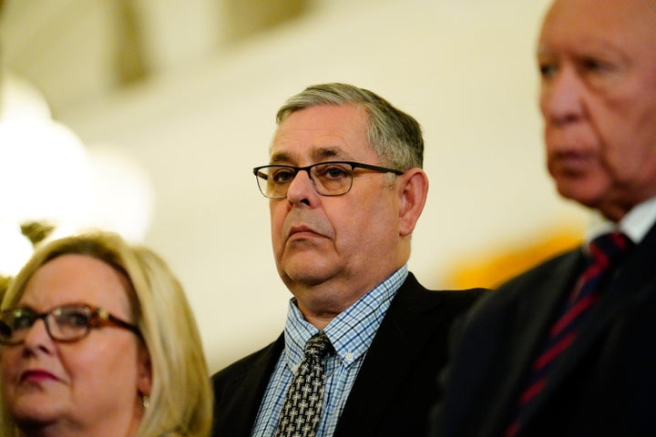Pennsylvania state Sen. Cris Dush, R-Jefferson, listens during a news conference in Harrisburg, Pa., Feb. 8, 2022. (AP Photo/Matt Rourke, File)