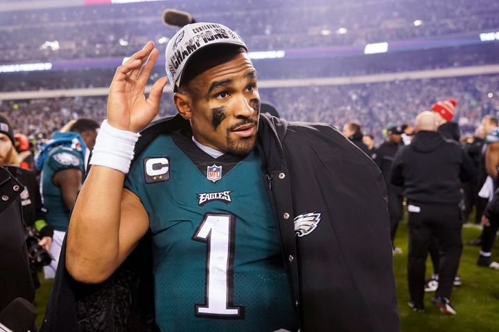 Philadelphia Eagles quarterback Jalen Hurts walks on the field after the NFC Championship NFL football game between the Philadelphia Eagles and the San Francisco 49ers on Sunday in Philadelphia. The Eagles won 31-7.