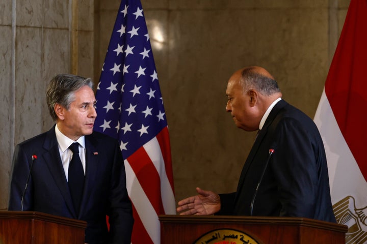 U.S. Secretary of State Antony Blinken, left, and Egyptian Foreign Minister Sameh Shoukry shake hands after their joint press conference in Cairo, Egypt, on Jan. 30, 2023.