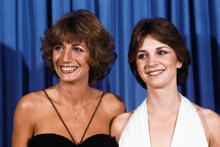 Files - Penny Marshal (left) and Cindy Williams from the comedy series "LaVine and Shirley" Appearing at the Emmy Awards in Los Angeles, September 9, 1979.Williams plays Shirley opposite Marshall's Laverne on the hit sitcom "LaVine and Shirley," She died in Los Angeles on Wednesday, January 25, 2023 at the age of 75, her family said on Monday, January 30.  (AP Photo/George Brich, File)