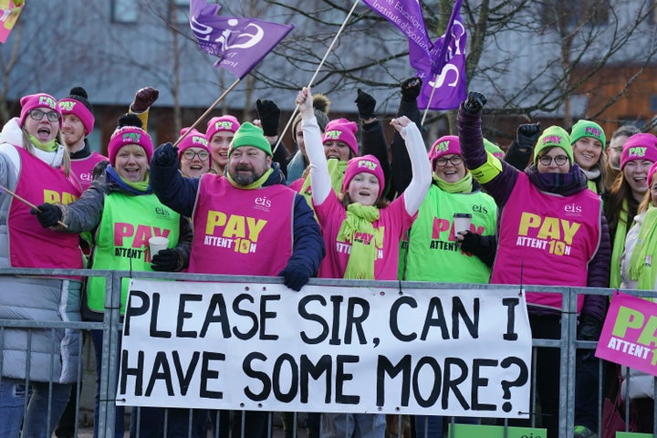 Teachers on the picket line outside Falkirk High School in Stirlingshire, in a protest over pay