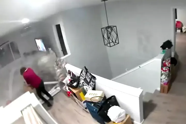 Home security footage captured the moment that Caroline Sasaki was almost struck by a boulder in her Honolulu home.