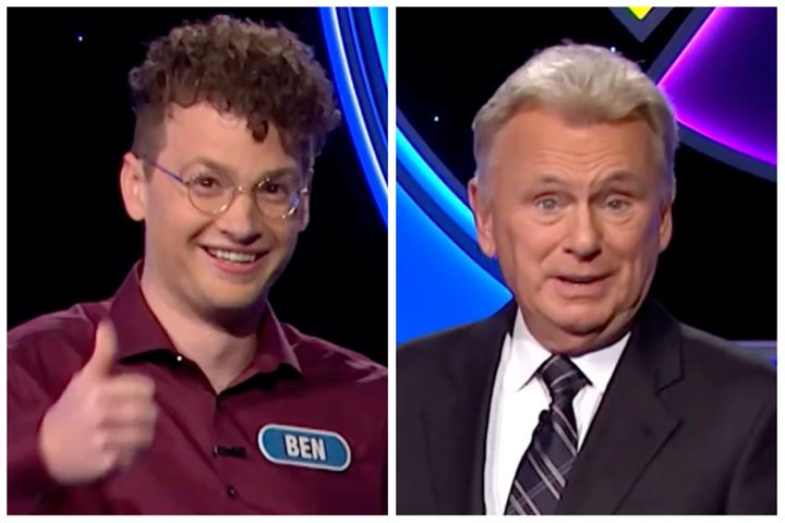 A photo composite showing “Wheel of Fortune” contestant Ben Tucker, left, and host Pat Sajak.