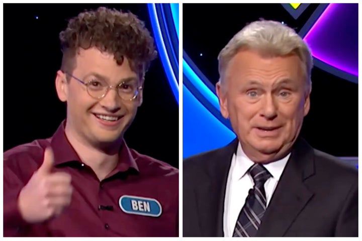 A photo composite showing “Wheel of Fortune” contestant Ben Tucker, left, and host Pat Sajak.