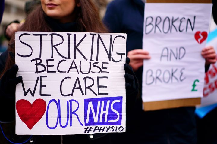 Members of the Chartered Society of Physiotherapy (CSP) on the picket line outside London's St Thomas' Hospital as they go on strike for the first time over pay. Picture date: Thursday January 26, 2023.