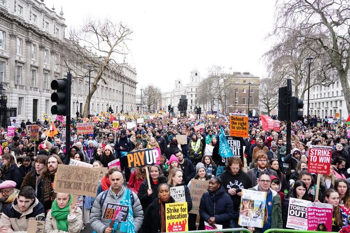 Striking members and supporters of the National Education Union (NEU) on Whitehall, on a march from Portland Place to Westminster