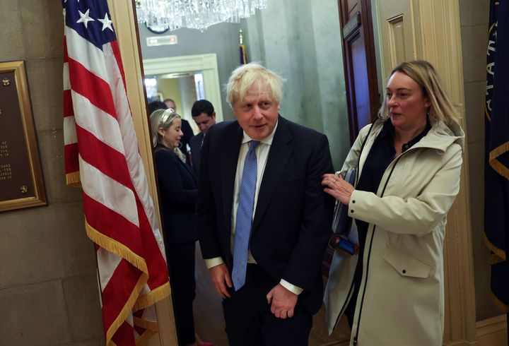 Former British prime minister Boris Johnson leaves a meeting at Senate Minority Leader Mitch McConnell's office at the U.S. Capitol on January 31, 2023, Washington DC.