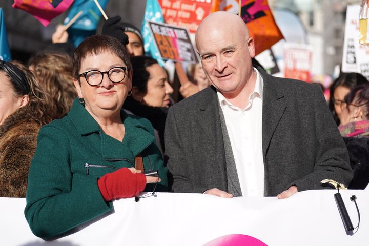 Mick Lynch, general secretary of the Rail, Maritime and Transport union and Mary Bousted, joint general secretary of the National Education Union, join striking members and supporters on a march on Westminster.