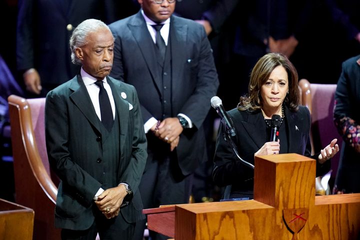 The Rev. Al Sharpton listens as Vice President Kamala Harris speaks during the funeral service for Tyre Nichols.