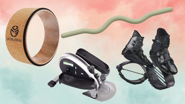 A yoga wheel, the Bala Beam, a pair of low impact athletic shoes and a portable elliptical.