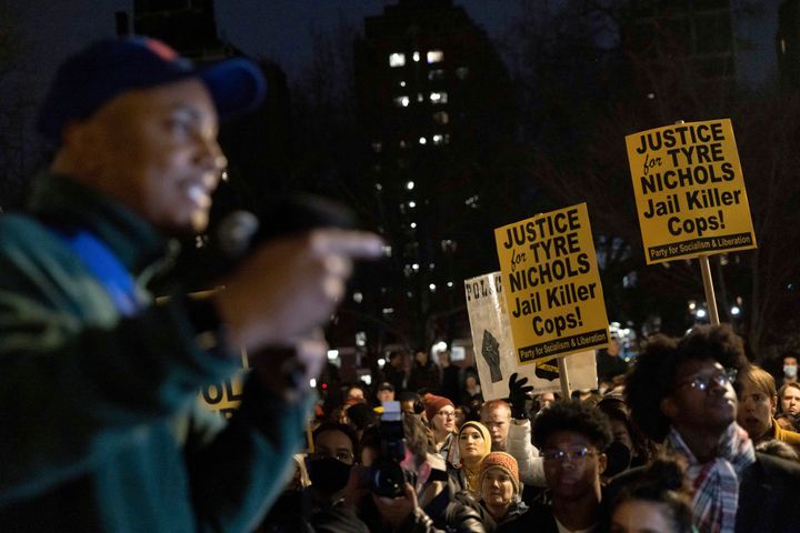 A person speaks during a protest at New York City's Washington Square Park on Saturday in response to Nichols' death.
