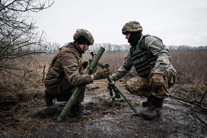 Ukrainian servicemen near the frontline in the Donetsk region, on January 31