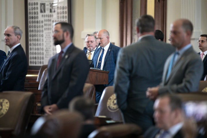 Texas Rep. Tony Tinderholt (C) speaks before the Texas legislature on July 13, 2021, in Austin, Texas.