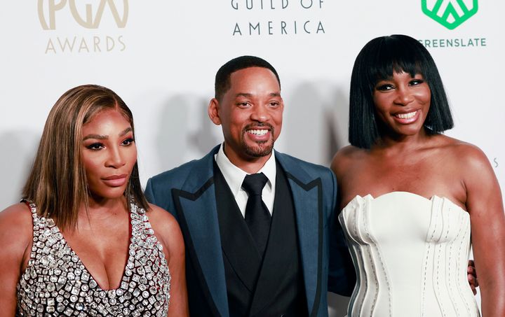Serena Williams, Will Smith and Venus Williams arrive for the 33rd Annual Producers Guild Awards in Los Angeles on March 19, 2022. 