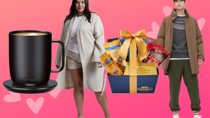 An Ember smart mug, Parachute unisex cloud robe, Ghirardelli gift basket, Uniqlo men's sweatpants.