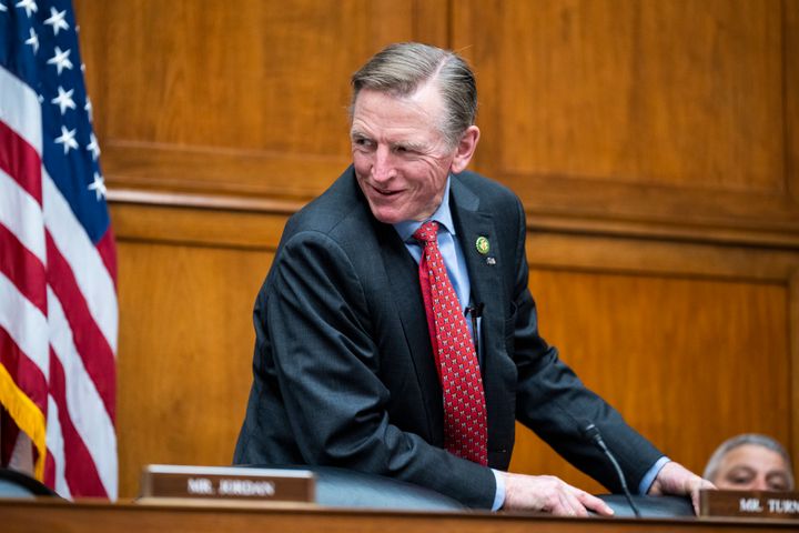 Rep. Paul Gosar (R-Ariz.) arrives for a House Oversight and Accountability Committee hearing on Feb. 1.