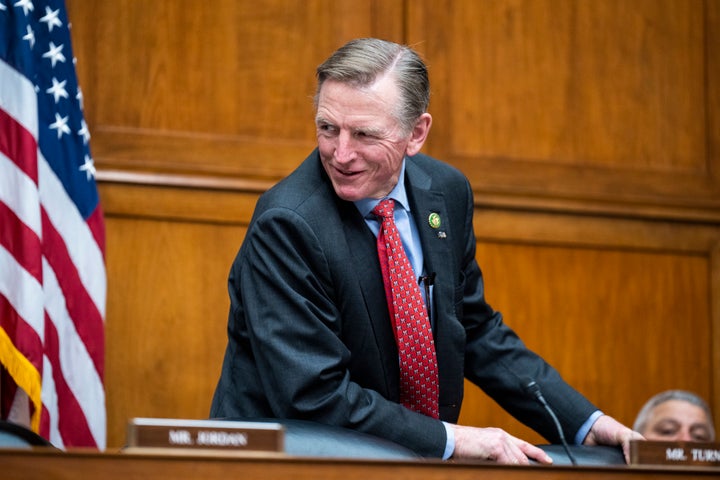 Rep. Paul Gosar (R-Ariz.) arrives for a House Oversight and Accountability Committee hearing on Feb. 1.