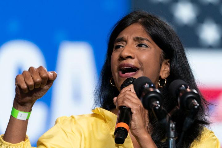 Then-lieutenant governor candidate Aruna Miller speaks during a rally for the Democratic National Committee at Richard Montgomery High School, Aug. 25, 2022, in Rockville, Maryland. 