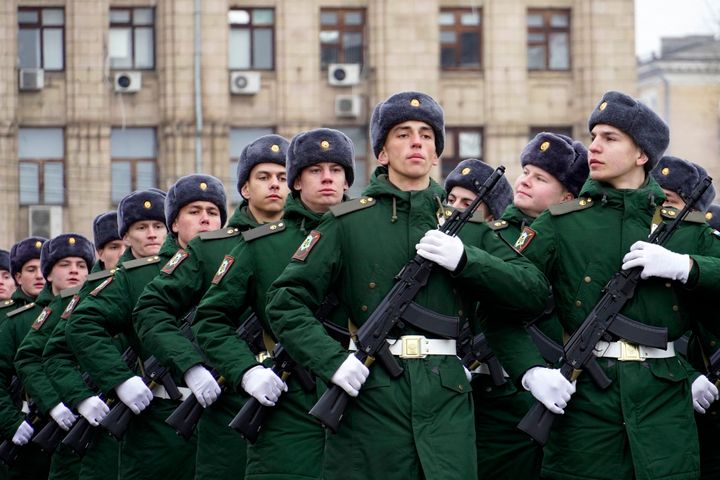 Russian servicemen march during a military parade marking the 80th anniversary of the Soviet victory at the Battle of Stalingrad during World War Two
