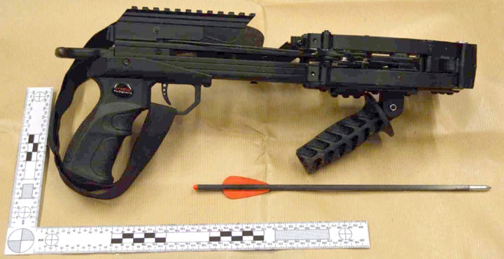 This undated photo released by the Crown Prosecution Service on Feb. 3, 2023, shows a crossbow which Jaswant Singh Chail, 21, was carrying when arrested, after being caught in the grounds of Windsor Castle. Chail pleaded guilty to treason on Friday for planning to attack Queen Elizabeth II.