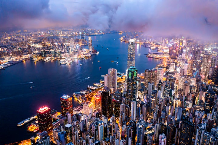 Aerial view of the city with the districts of Tsim Sha Tsui, Tai Ping Shan, Central