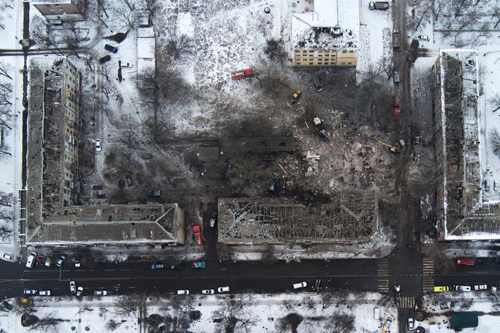 An aerial view of apartment buildings hit by Russian rockets in Kramatorsk, Ukraine, on February 2, 2023.