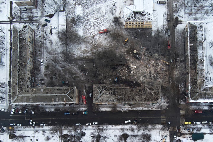 An aerial view of apartment buildings hit by Russian rockets in Kramatorsk, Ukraine, on Feb. 2, 2023. 