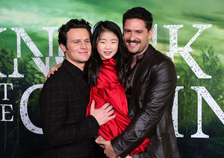 From left: "Knock at the Cabin" stars Jonathan Groff, Kristen Cui and Ben Aldridge.