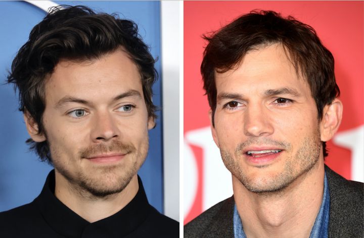 A photo composite of Harry Styles, left, and Ashton Kutcher.