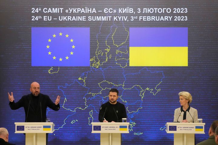 3 Φεβρουαρίου 2023 Κοινή συνέντευξη Τύπου μετά το πέρας της ιστορικής Συνόδου Κορυφής Ε.Ε. Ουκρανίας στο Κίεβο.