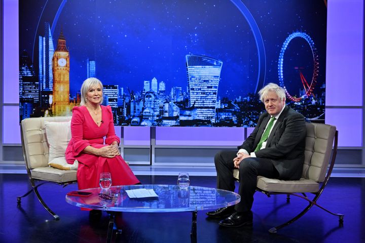 Nadine Dorries interviewing former prime minister Boris Johnson on the first episode of 'Friday Night with Nadine', her new talk show on TalkTV.