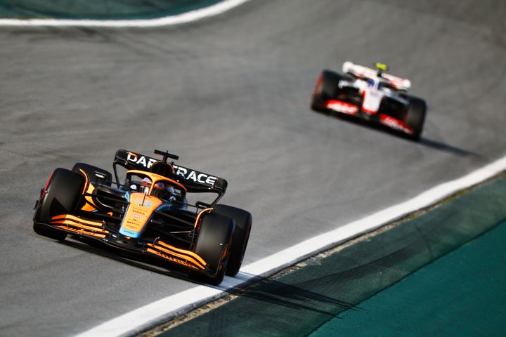 Daniel Ricciardo driving for McLaren leads Mick Schumacher driving for Haas during the Sprint ahead of the F1 Grand Prix of Brazil on Nov. 12, 2022, in Sao Paulo.