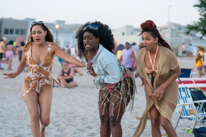 Grace Byers (left), Shonique Shandia (center) and Meagan Good (right) as Quinn, Angie, and Camille in "Harlem."