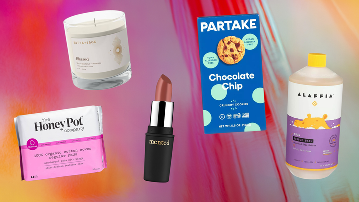 The Honey Pot menstrual pads, Satya+Sage candle, Mented lipstick, Partake cookies, Alaffia bubble bath