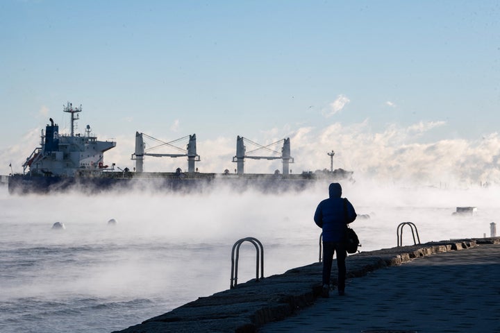 Steam rises from Boston Harbor as temperatures reach -7F (-14C) in Boston, Massachusetts, on February 4, 2023.