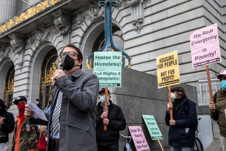 San Francisco Supervisor Dean Preston demands greater action on homelessness in January 2022. Preston, a democratic socialist, has clashed bitterly with YIMBYs.
