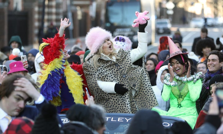 Jennifer Coolidge cuts up in the parade as Hasty Pudding Theatricals honors her as 2023 Woman Of The Year on Saturday in Cambridge, Massachusetts.