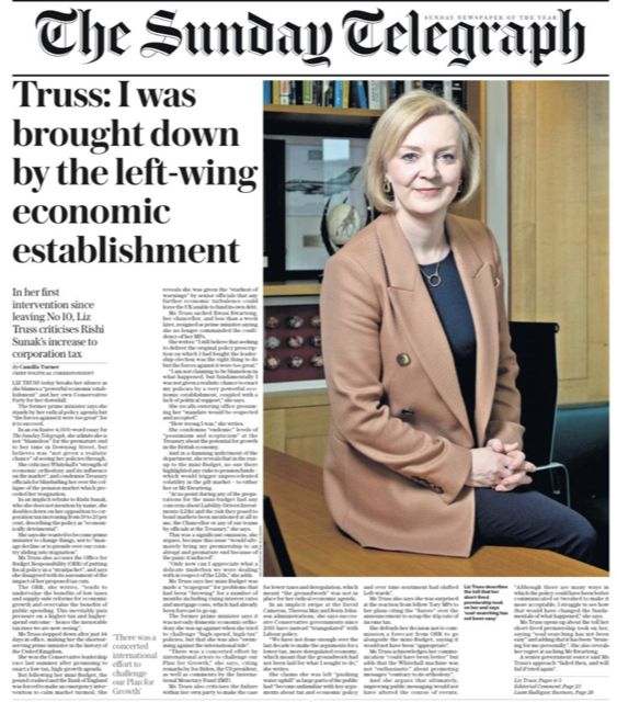 Liz Truss has made her political comeback in the Sunday Telegraph