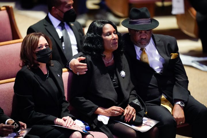 Vice President Kamala Harris sits with RowVaughn Wells and Rodney Wells during the funeral service for Wells' son Tyre Nichols in Memphis on Wednesday.