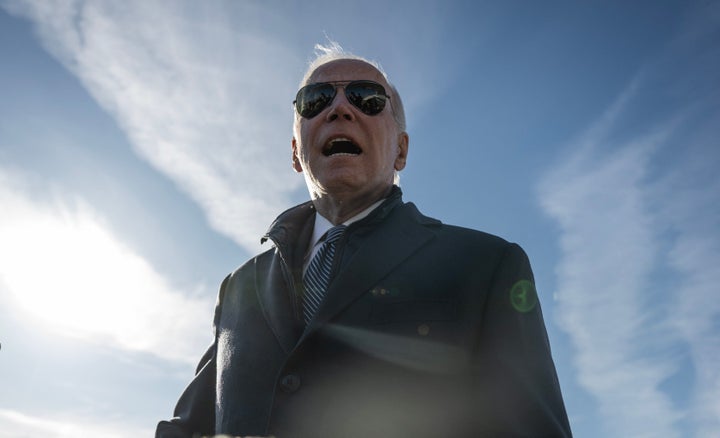 President Joe Biden speaks to the press after arriving at Hagerstown Regional Airport in Hagerstown, Maryland, on Feb. 4, 2023.