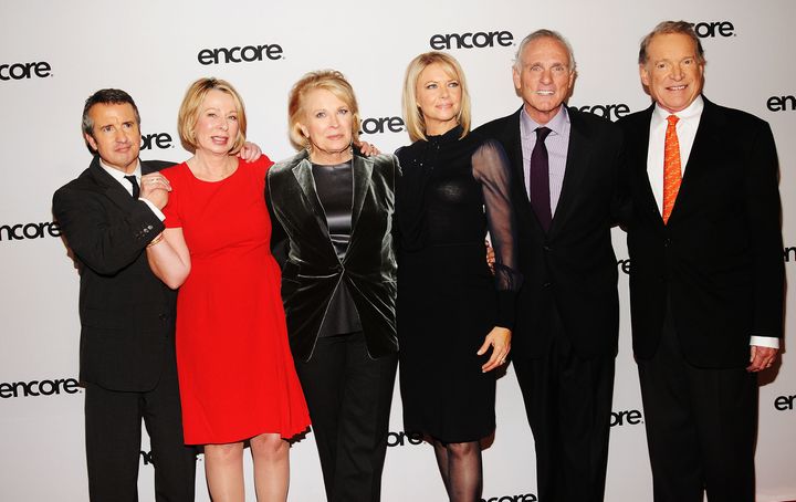 (L-R) Actor Grant Shaud, creator Diane English, actors Candice Bergen Faith Ford, Joe Regalbuto and Charles Kimbrough attend a "Murphy Brown" 25th anniversary event in New York in 2013.
