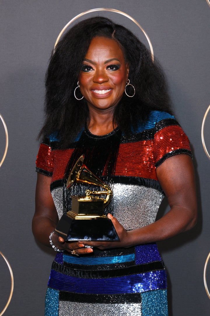 Viola Davis celebrates the Best Audio Book, Narration, and Storytelling award for "Finding Me" during the 65th Grammy Awards Premiere Ceremony at Microsoft Theater on Feb. 05, 2023, in Los Angeles, California.