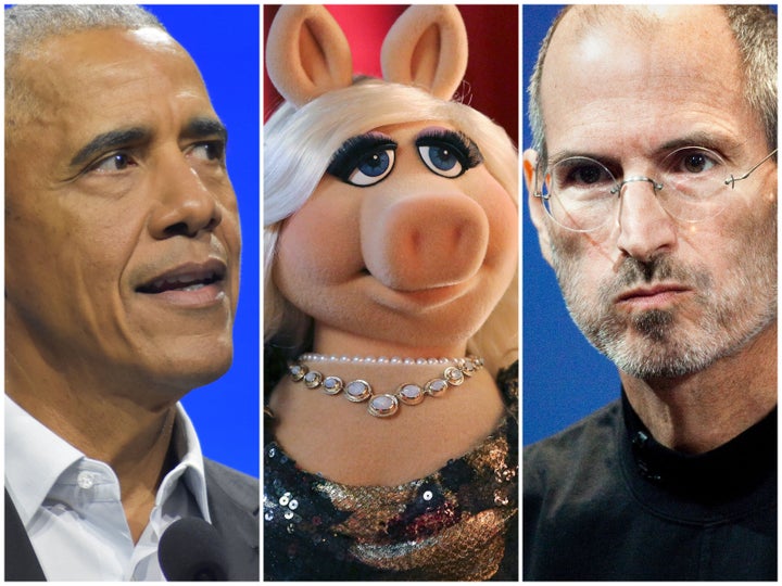オバマ元米大統領(左)、マペットのミス・ピギー(中央)、スティーブ・ジョブズ(右)