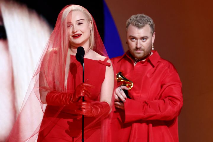 Kim Petras and Sam Smith accepting their award during this year's Grammys