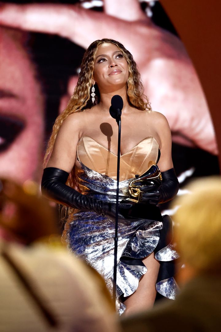 Beyoncé accepting an award during the 2023 Grammys