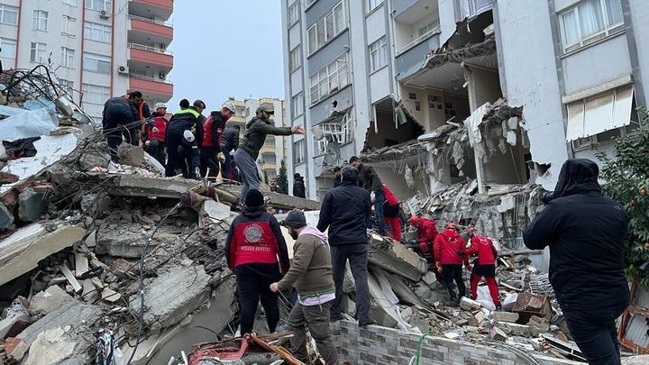 A view of debris as rescue workers conduct search and rescue operations after the 7.4 magnitude earthquake hits Kahramanmaras, Turkey.