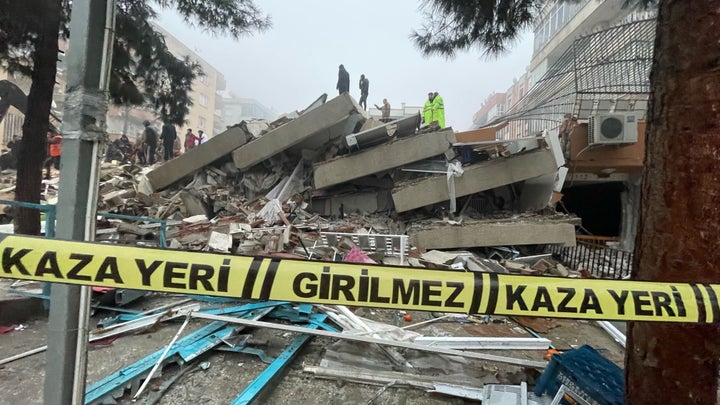 A view of collapsed building after the earthquake on Feb. 6, 2023, in Sanliurfa, Turkey.