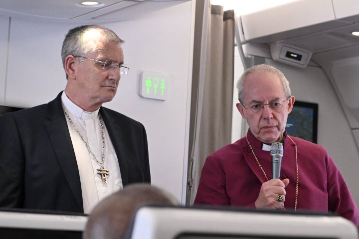 Archbishop of Canterbury Justin Welby and Church of Scotland's Iain Greenshields speech out in defense of the LGBTQ community to the the media on Pope Francis' plane from Juba to Rome on Sunday.