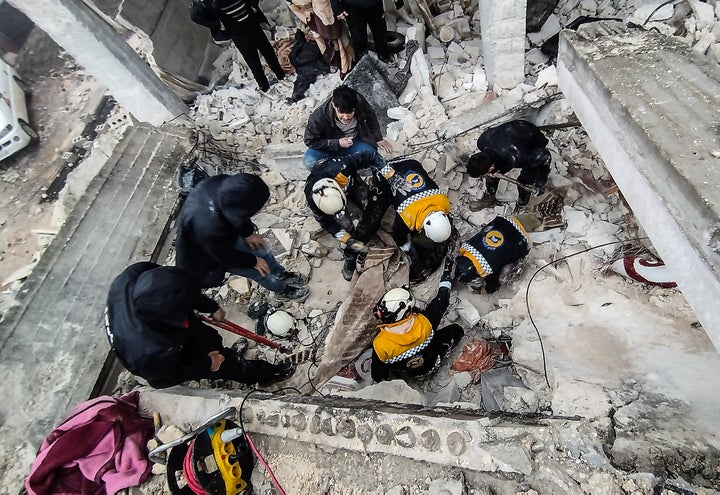 AFRIN, SYRIA- FEBRUARY 6: In the earthquake that happened at 4.16 am in Turkey, houses in Syria were destroyed on February 6, 2023. According to initial estimates, there are 230 dead in Syria. An earthquake with a magnitude of 7.8 occurred in the Pazarck district of Kahramanmara. The earthquake was felt in many provinces, especially in Gaziantep, Sivas, Hatay, anlurfa, Mersin, Samsun and Trabzon. Turkey has issued a level 4 alarm. The alarm also contains the International help code.There are many dead and injured. There were 66 aftershocks, the largest of which was 6.6. (Photo by Ugur Yildirim/ dia images via Getty Images)