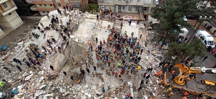 An aerial view of debris of a collapsed building after the powerful earthquake hit Sanliurfa, Turkey on Feb. 6, 2023.